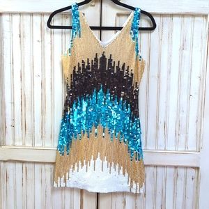 Codigo, gold black blue and white sequin and beaded mini dress. Sm